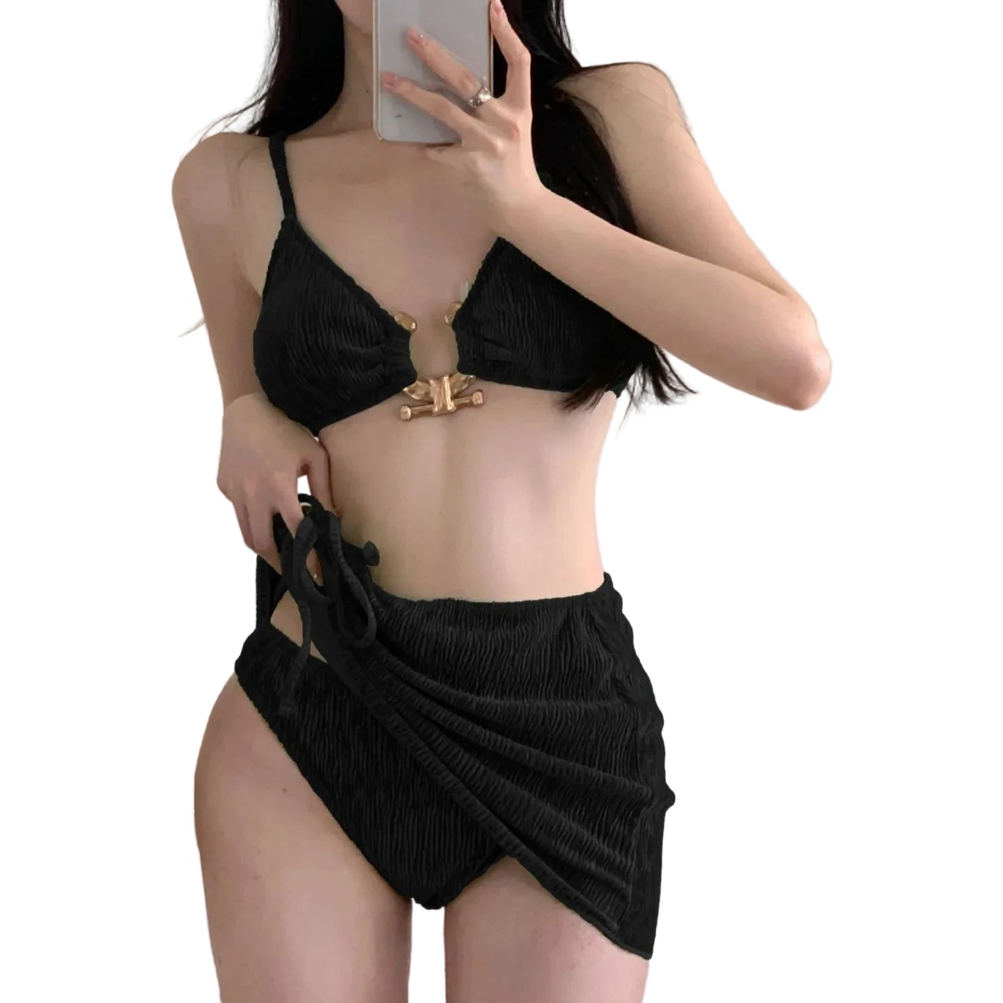 Black beachwear bathing suits featuring a stylish two-piece design with adjustable straps