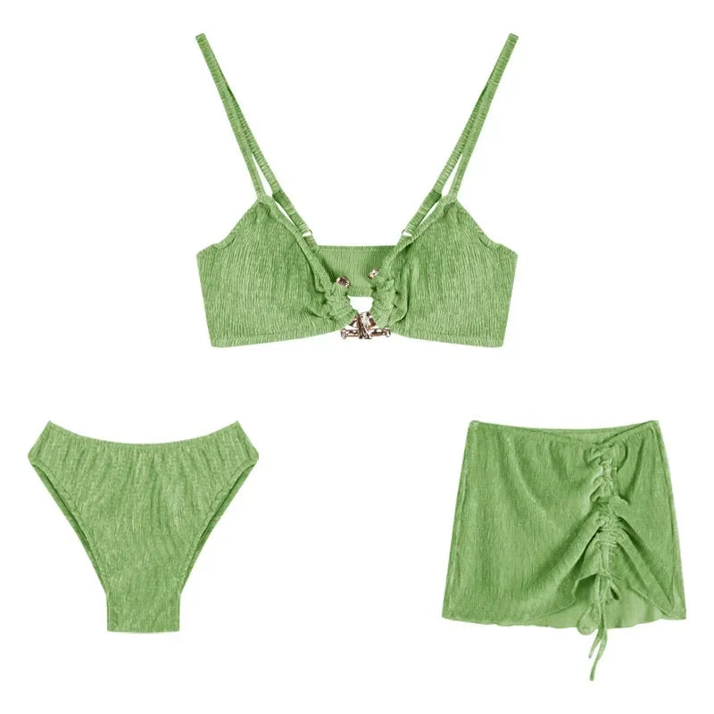 LuckeLadybug LLC Green Beachwear Bathing Suits Set with Adjustable Top and Cute Skirt
