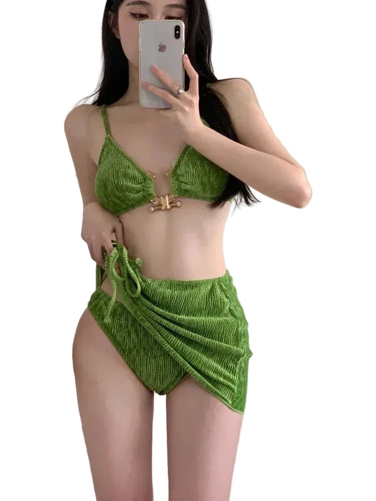 Green LuckeLadybug LLC beachwear bathing suits featuring a stylish top and matching skirt bottom