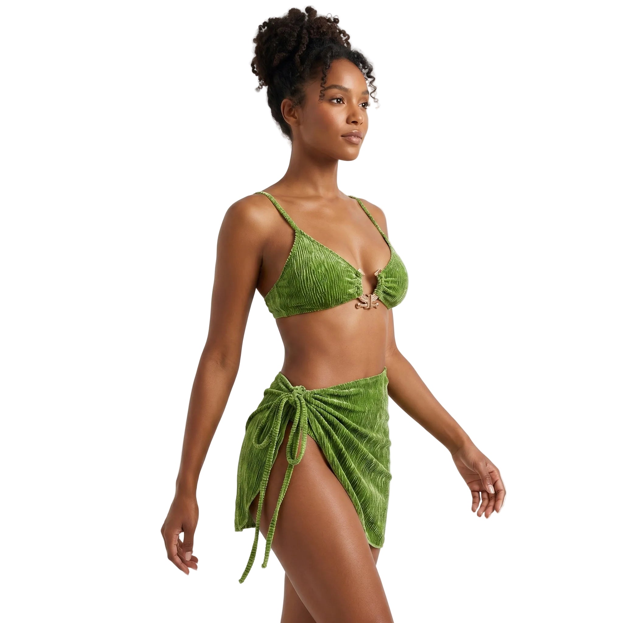 Green beachwear bathing suits featuring a stylish top and wrap skirt for summer outings