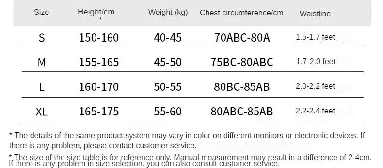 Size chart for beachwear bathing suits with measurements for S, M, L, and XL sizes
