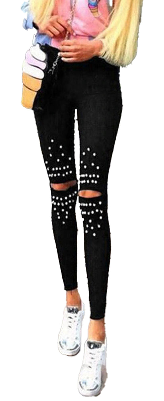 Beaded Knee Hole Leggings For Women