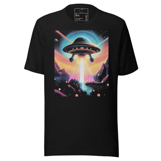 Black LuckeLadybug beam me up tee shirt with colorful UFO and cosmic light beam design