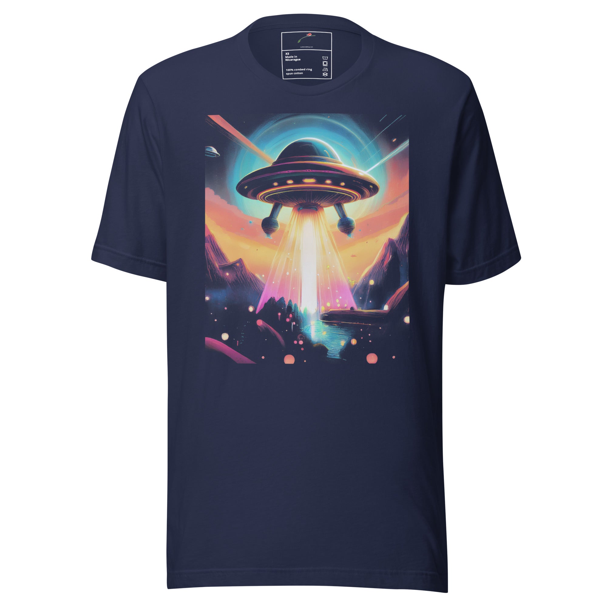 LuckeLadybug beam me up tee shirt featuring a colorful UFO abduction graphic on a navy blue T-shirt