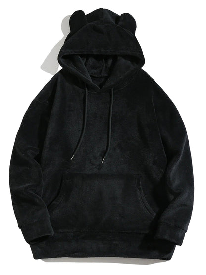 Black bear ears hoodie for adults with a plush fabric and front pocket for cozy warmth