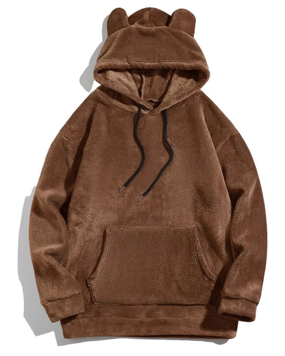 Cozy bear ears hoodie for adults in brown with a soft fleece material and front pocket