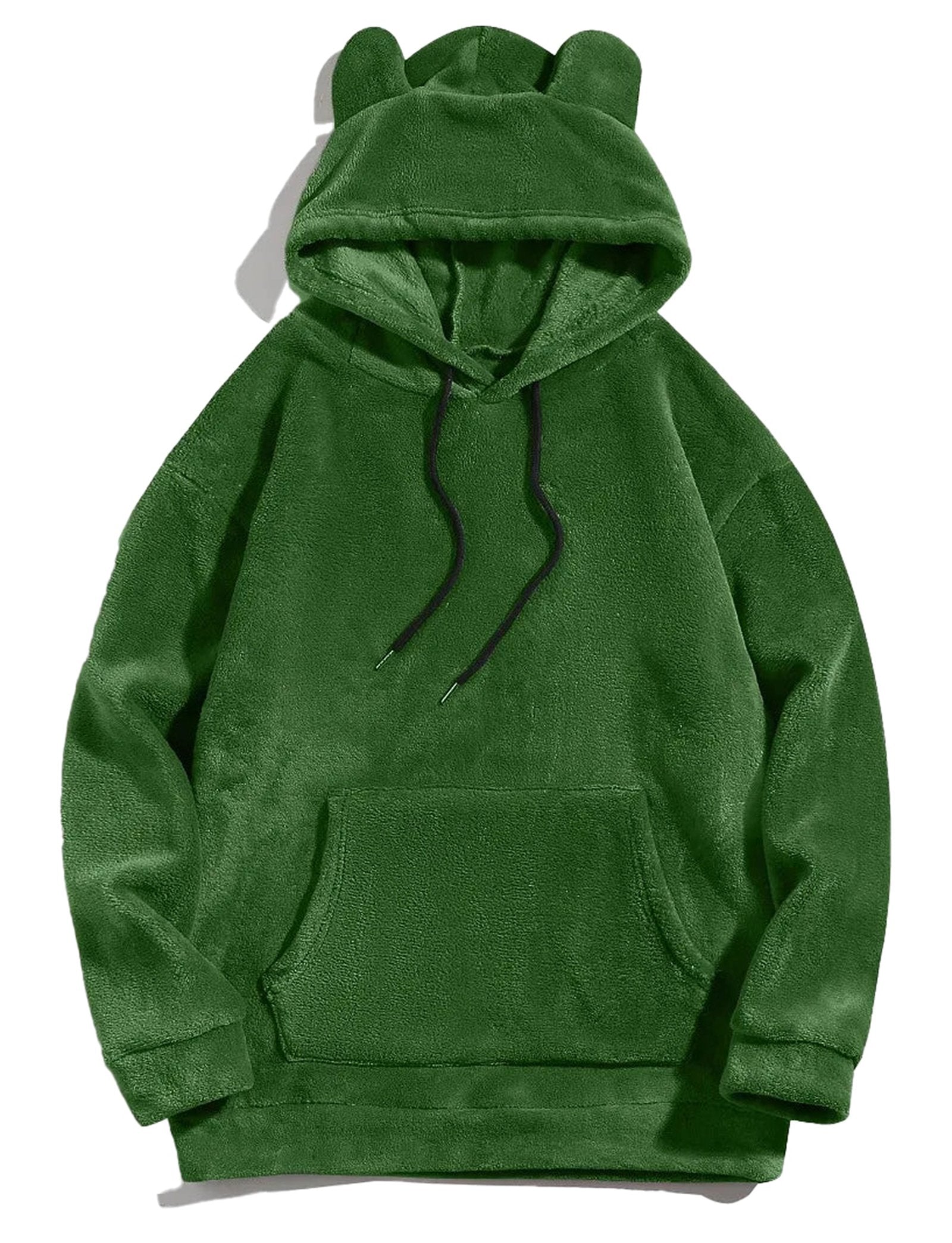 Cozy green bear ears hoodie for adults with a soft fleece material and front pocket