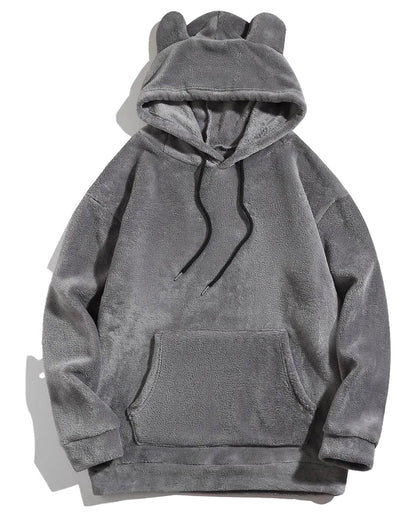 Cozy bear ears hoodie for adults in soft gray fleece with a front pocket