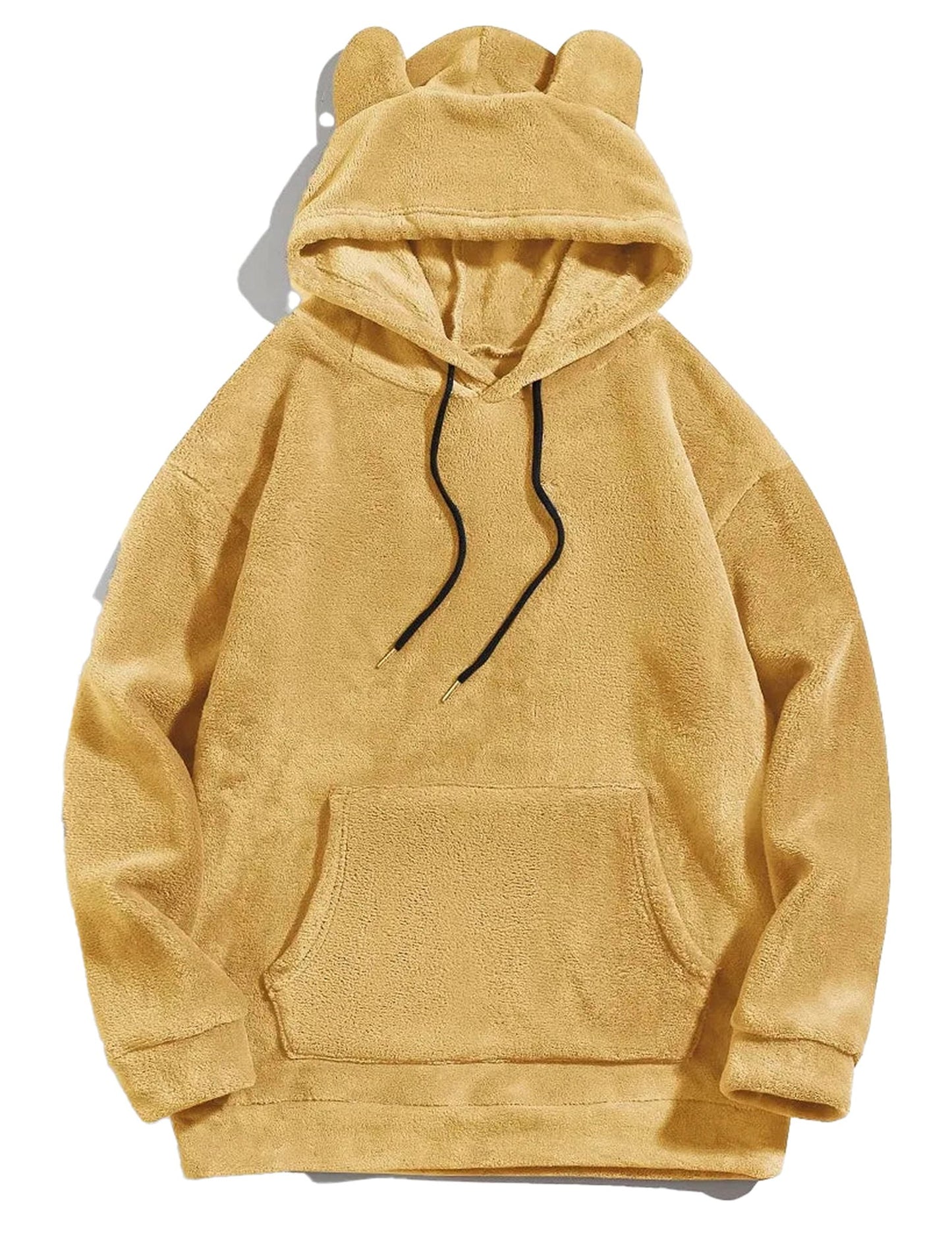 Soft and cozy bear ears hoodie for adults in beige with a front pocket and drawstring hood