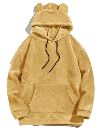 Soft and cozy bear ears hoodie for adults in beige with a front pocket and drawstring hood