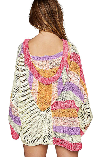 Beige oversized colorblock sweater with a cozy hood and vibrant striped design for a stylish look