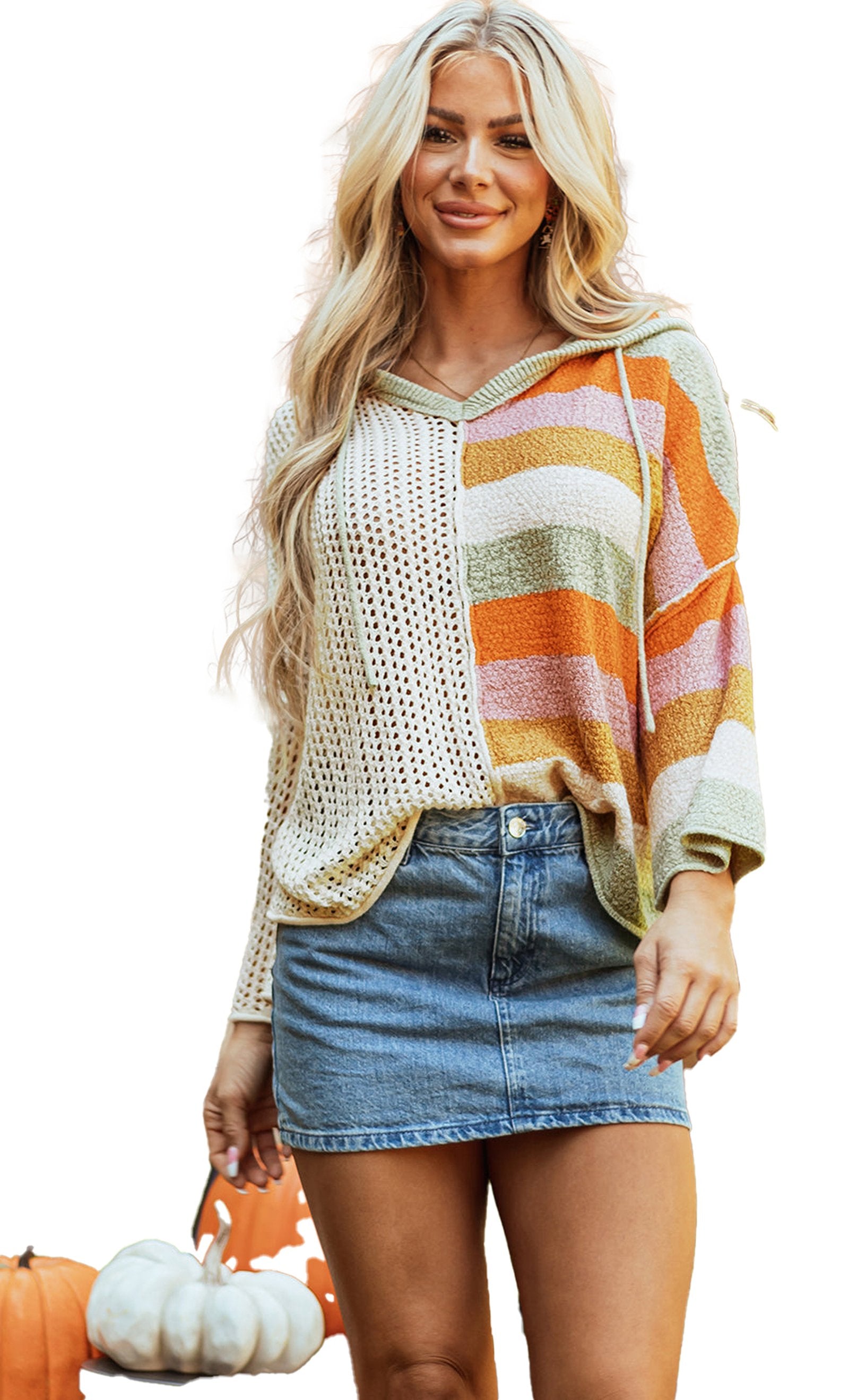 LuckeLadybug beige oversized colorblock sweater with patterned design, perfect for casual outfits