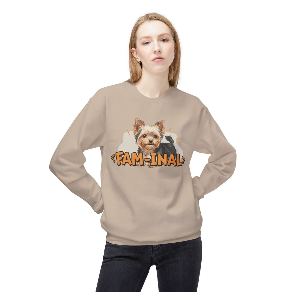 LuckeLadybug Yorkie dog lover sweatshirt beige with cute Yorkie dog and fam-inal text