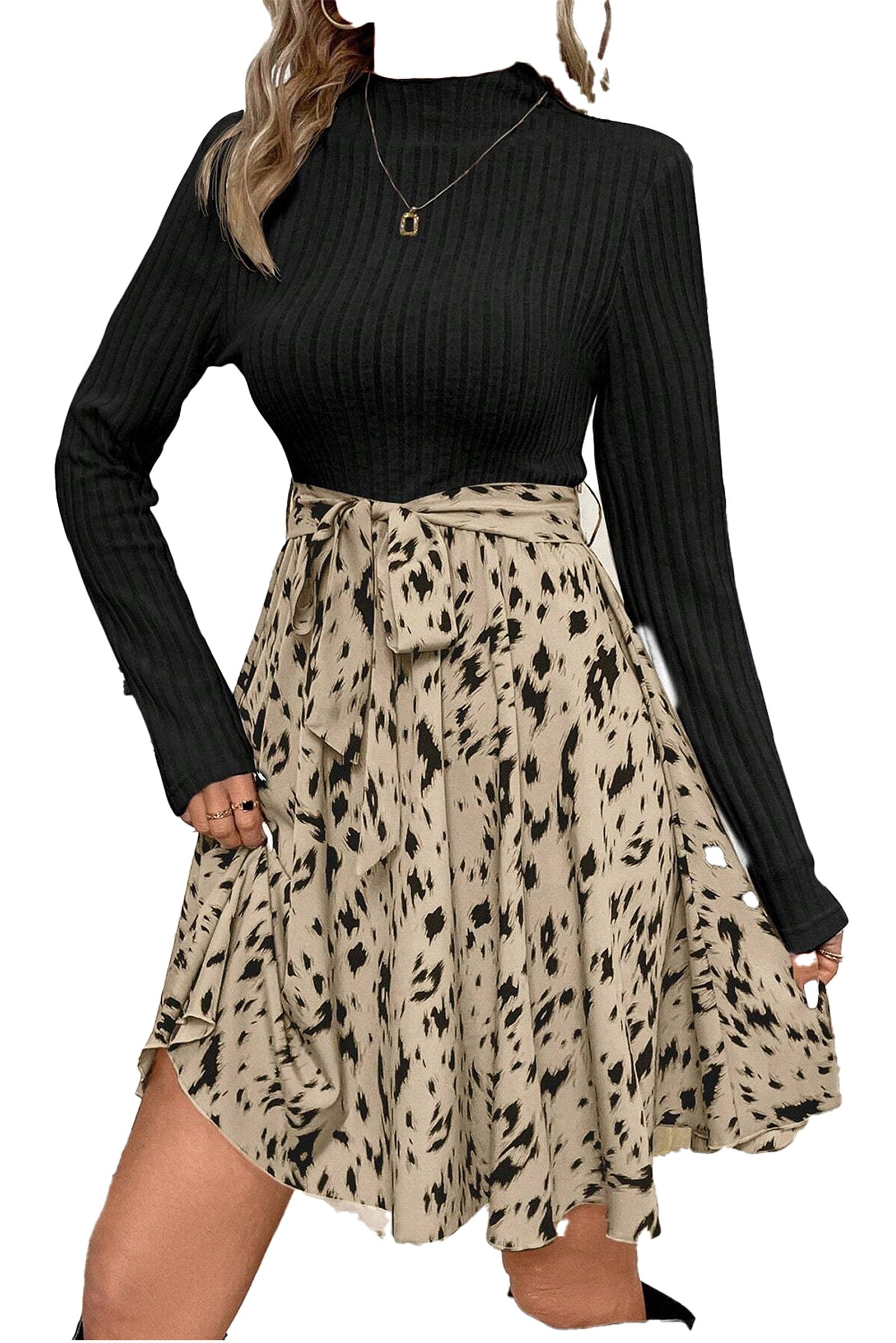 LuckeLadybug beige ribbed knit A-line dress with black ribbed mock neck top and beige spotted skirt with tie waist