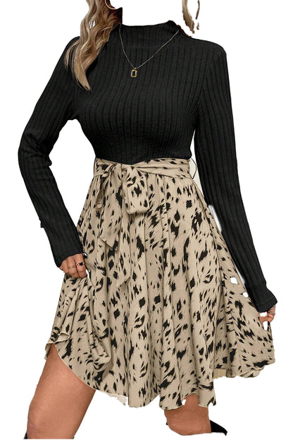 LuckeLadybug beige ribbed knit A-line dress with black ribbed mock neck top and beige spotted skirt with tie waist