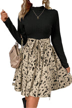 LuckeLadybug beige ribbed knit A-line dress with black ribbed mock neck bodice and tie waist skirt