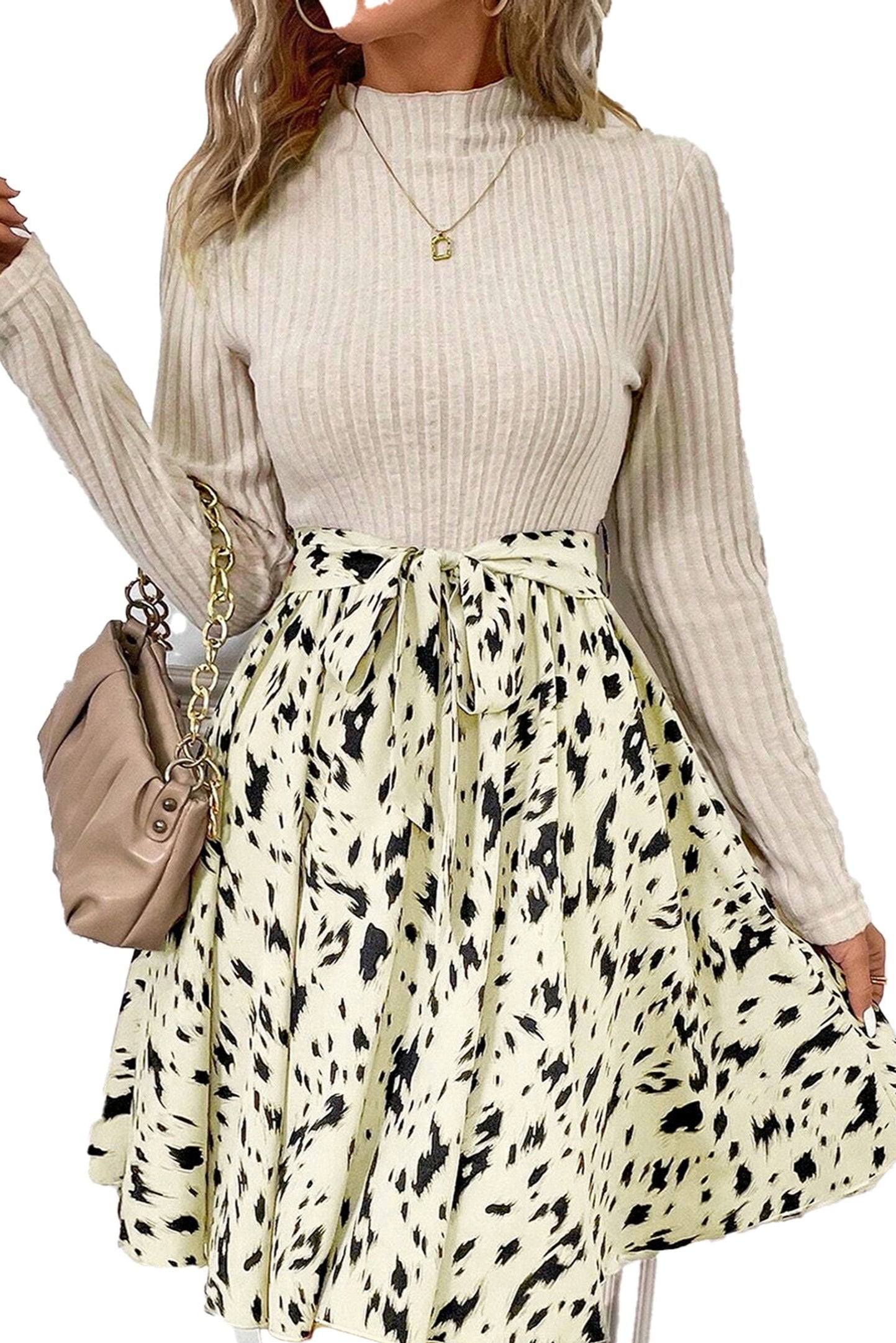 LuckeLadybug beige ribbed knit A-line dress with mock neck long sleeves tie waist and printed skirt