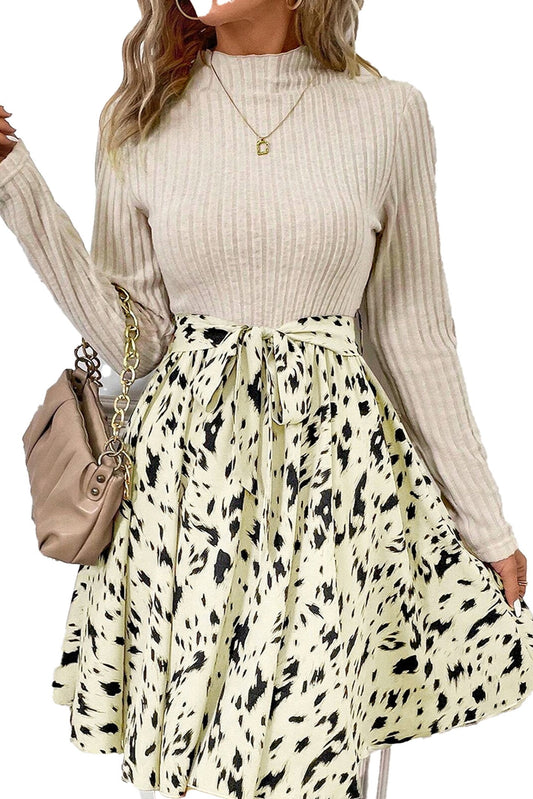 LuckeLadybug beige ribbed knit A-line dress with mock neck long sleeves tie waist and printed skirt