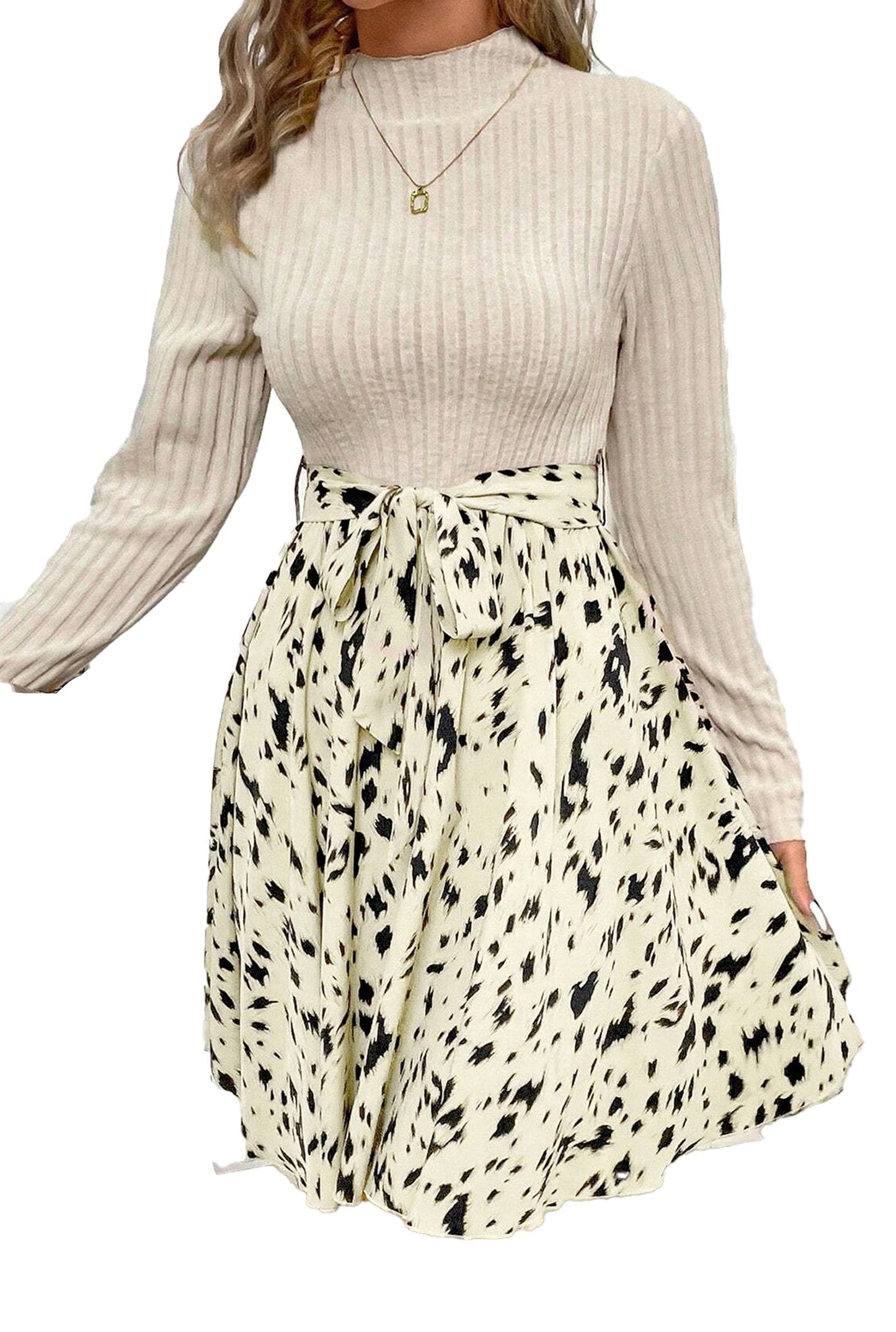 LuckeLadybug beige ribbed knit A-line dress with mock neck long sleeves and tie waist spotted skirt