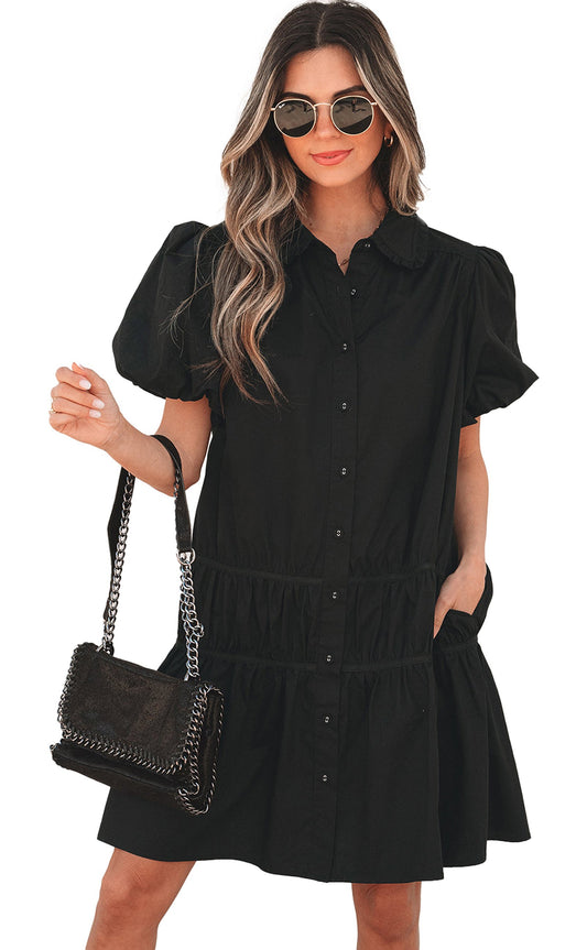 black puff sleeve shirt dress mini button down with tiered skirt collar pockets styled with sunglasses and chain bag