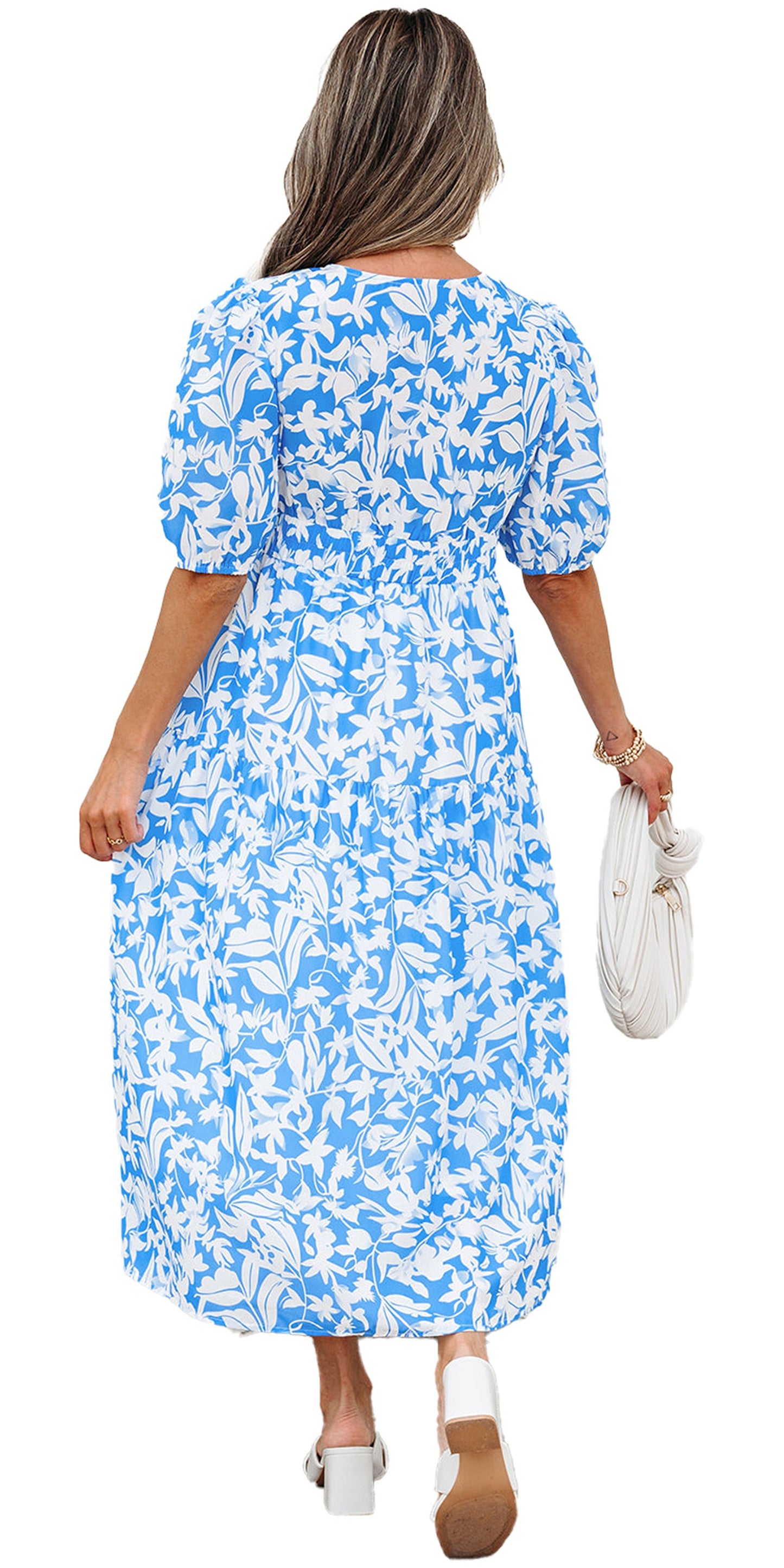 LuckeLadybug A Line sky blue floral maxi dress back view with puff sleeves elastic waist and tiered skirt