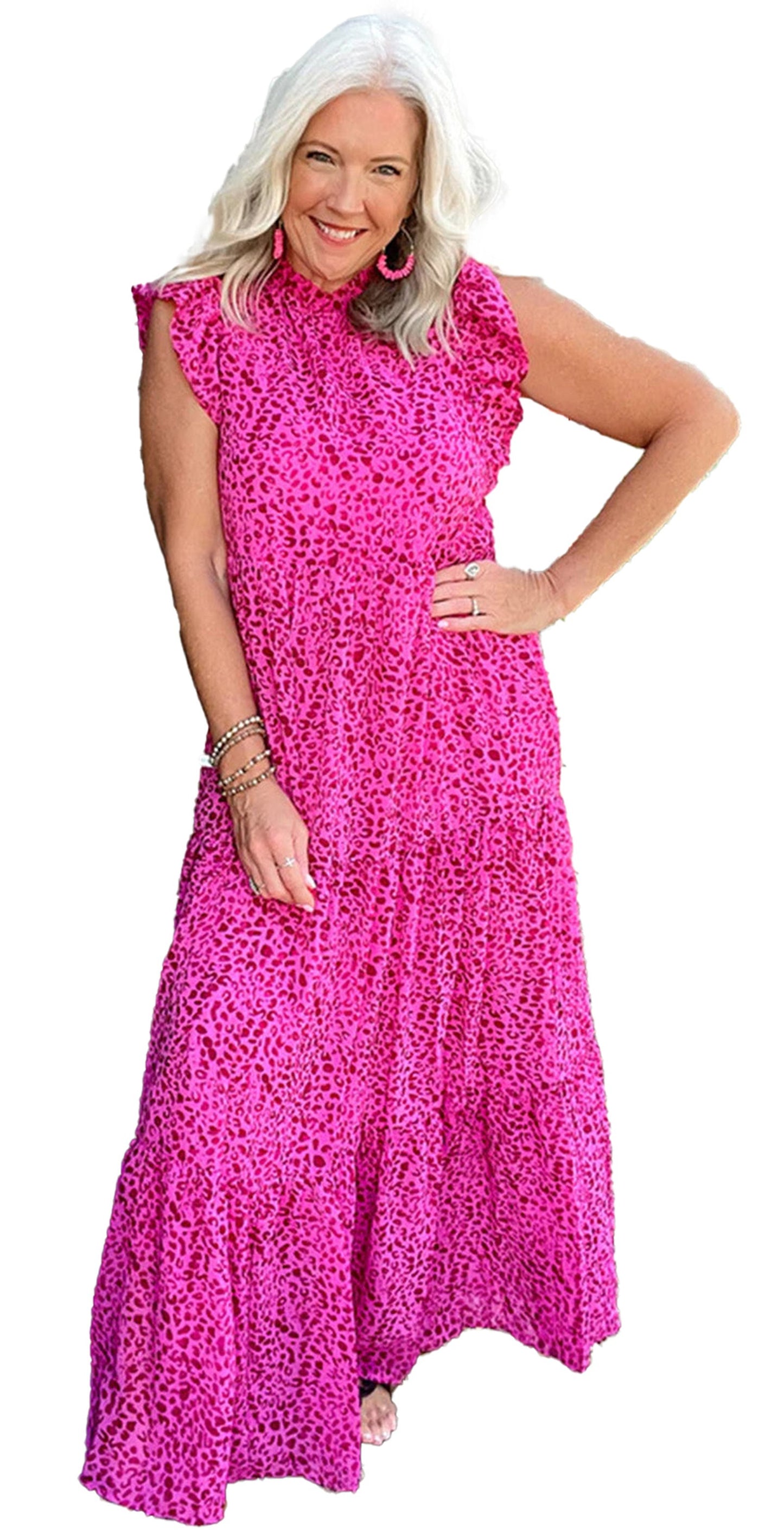 LuckeLadybug rose red leopard print maxi dress on smiling woman with ruffle sleeves and tiered skirt