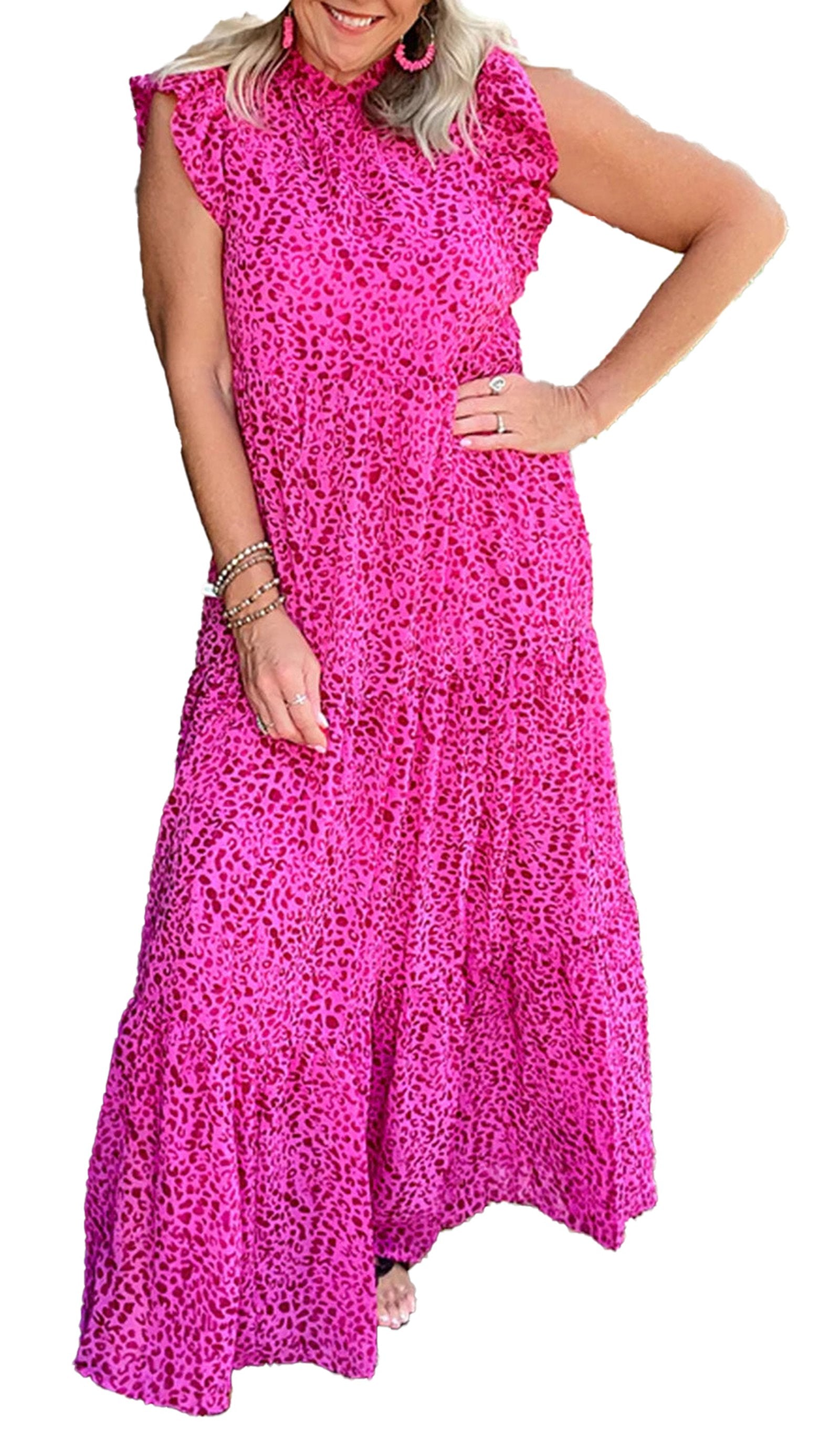 LuckeLadybug rose red leopard print maxi dress sleeveless with ruffle neck and tiered skirt on model
