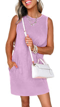 LuckeLadybug Phalaenopsis tank mini dress with pockets. Lavender sleeveless casual shift with side pockets