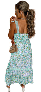 LuckeLadybug pink floral maxi dress back view smocked ruffle hem braided straps summer dress
