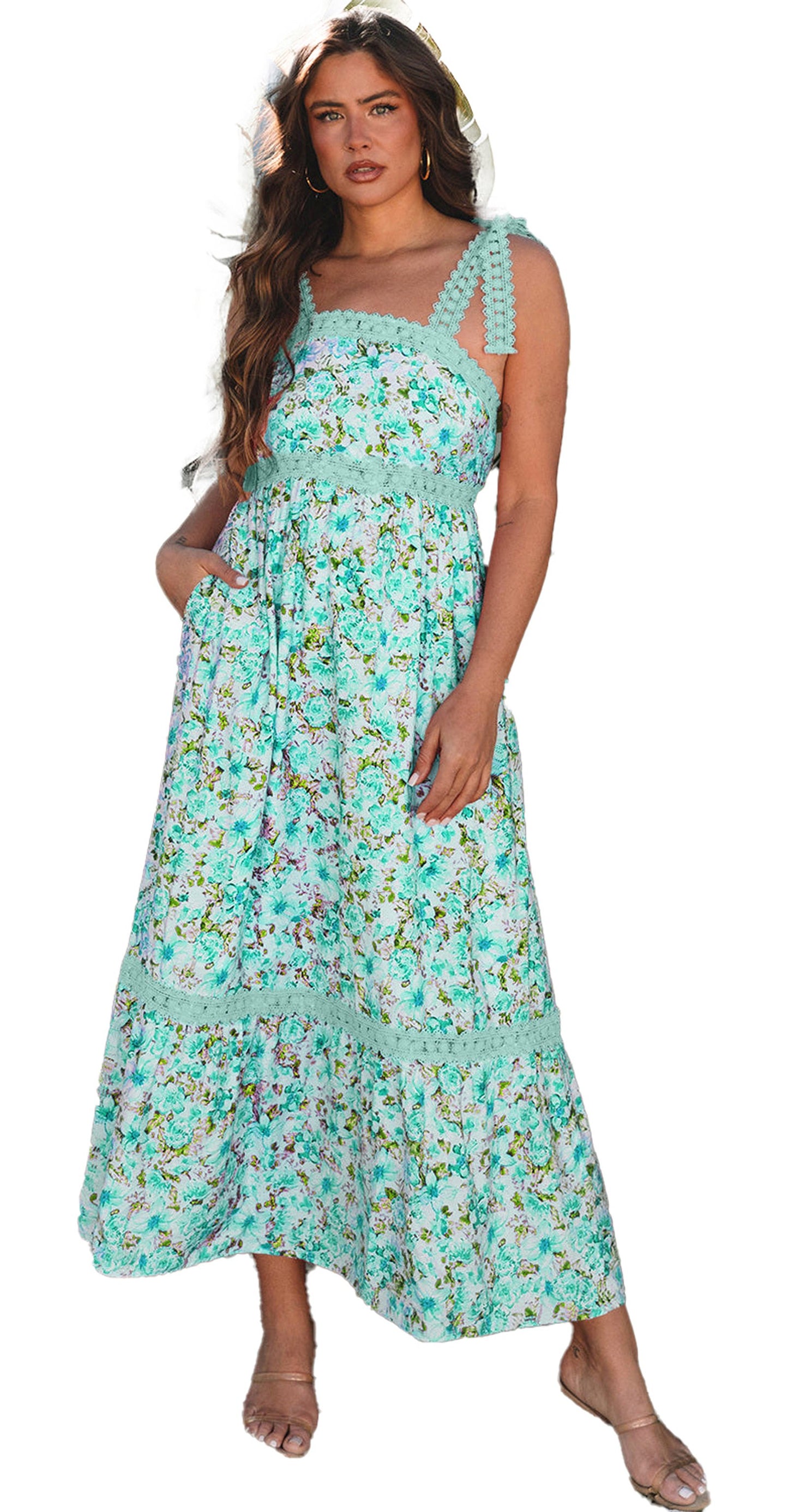 LuckeLadybug pink floral maxi dress with mint background tie shoulder straps smocked bodice on model