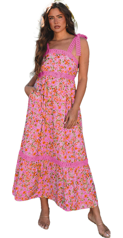 LuckeLadybug pink floral maxi dress with tie shoulder straps pockets smocked waist summer style