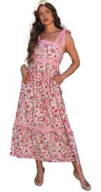LuckeLadybug pink floral maxi dress with smocked bodice tie straps and tiered skirt worn by model