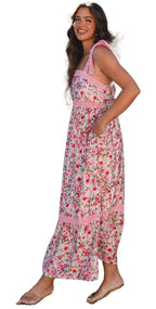 LuckeLadybug pink floral maxi dress with ruffle shoulder straps smocked bodice side pockets and tiered skirt