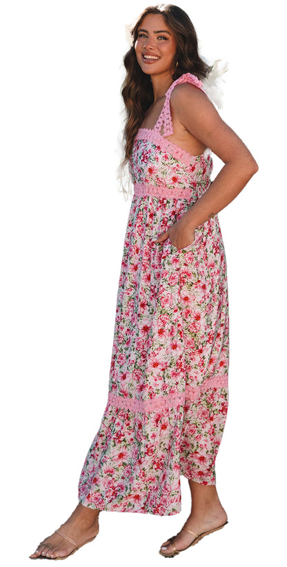 LuckeLadybug pink floral maxi dress with ruffle shoulder straps smocked bodice side pockets and tiered skirt