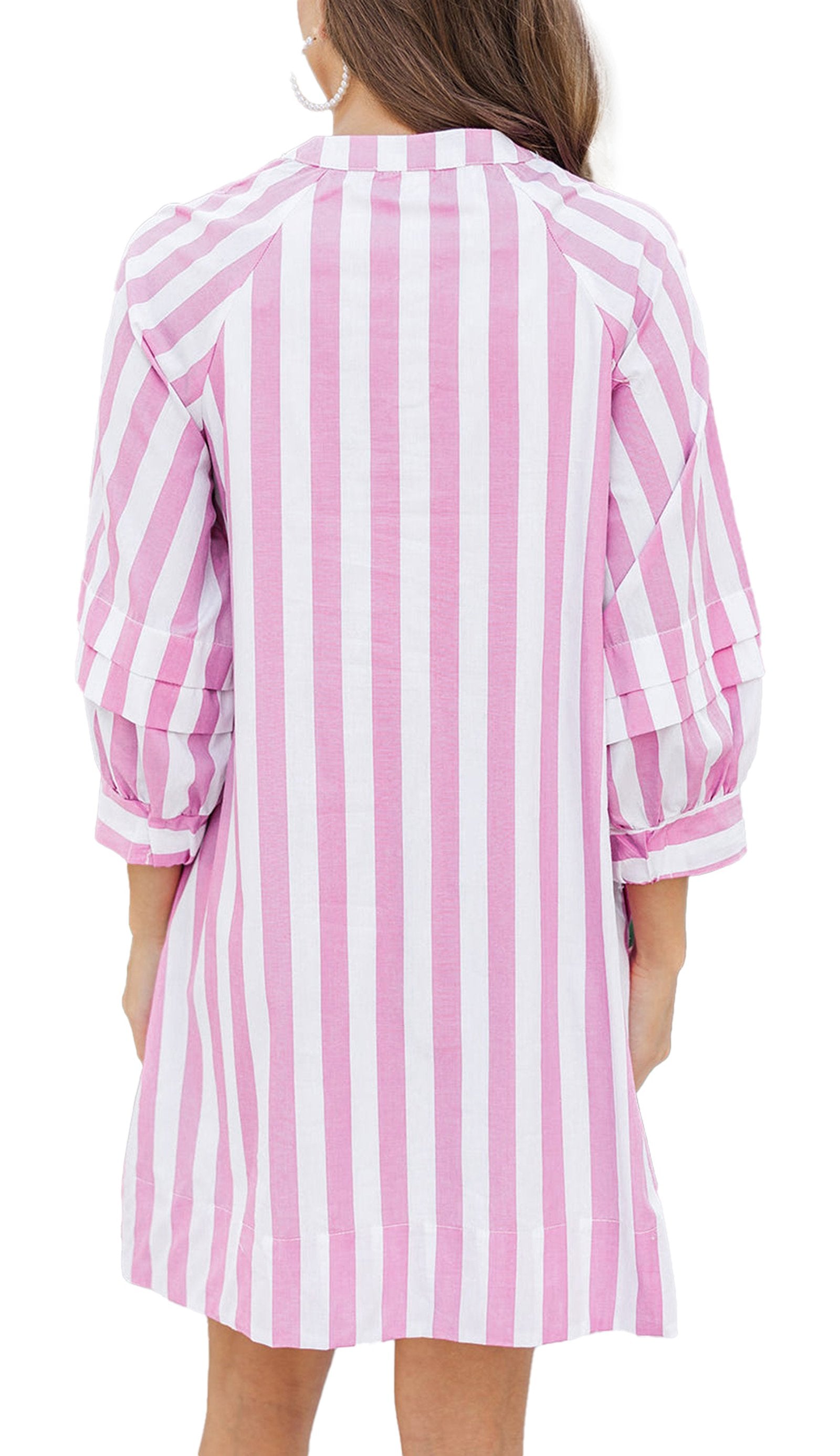 LuckeLadybug rose stripe mini dress back view vertical pink white stripes relaxed shift silhouette