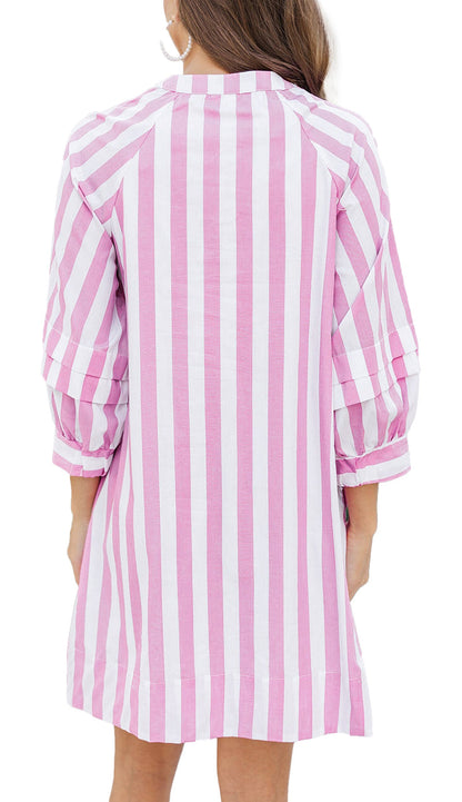 LuckeLadybug rose stripe mini dress back view vertical pink white stripes relaxed shift silhouette