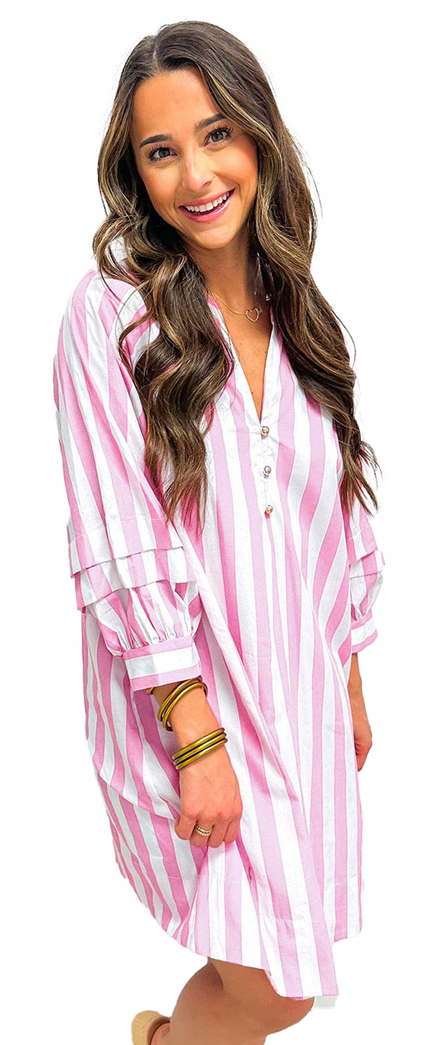 LuckeLadybug rose stripe mini dress with pink and white vertical stripes V neck button front and puff sleeves