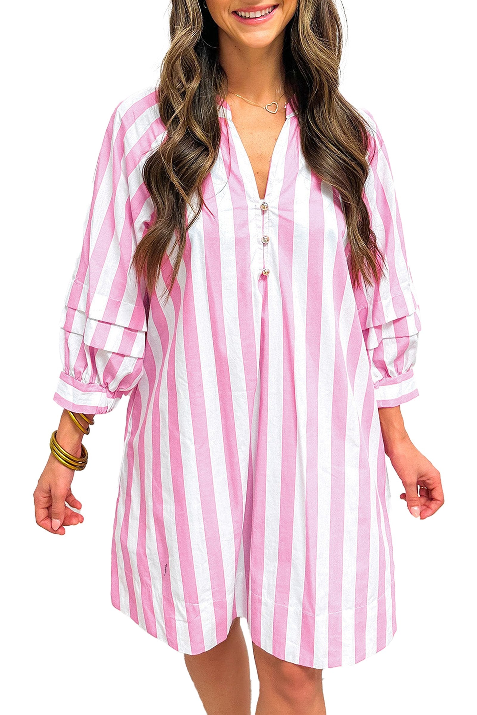 LuckeLadybug rose stripe mini dress on model vertical pink and white stripes v neck button placket