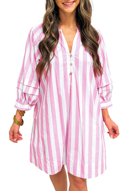 LuckeLadybug rose stripe mini dress on model vertical pink and white stripes v neck button placket