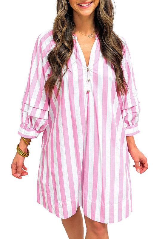 LuckeLadybug rose stripe mini dress on model vertical pink and white stripes v neck button placket