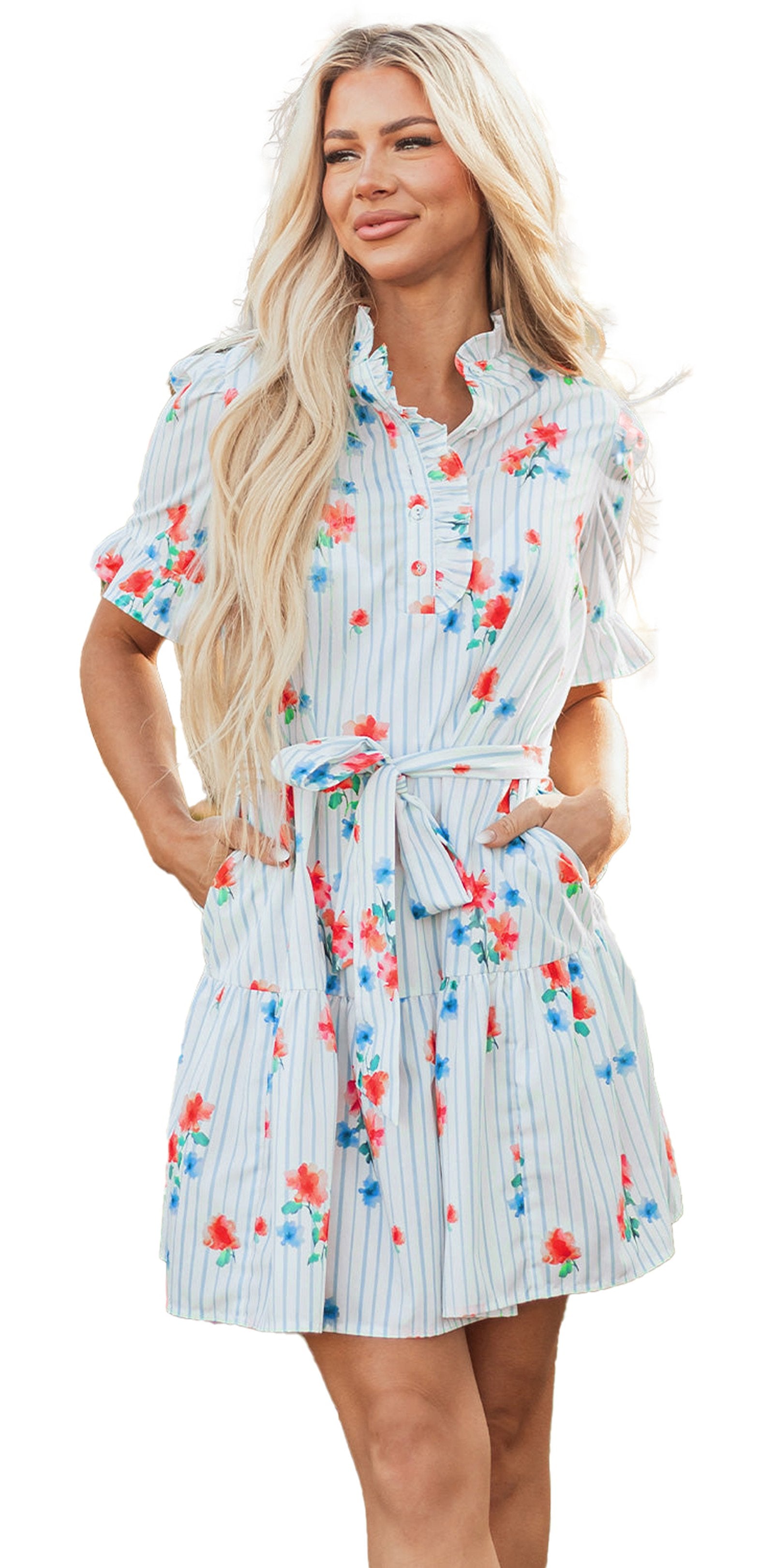 LuckeLadybug H Line model wearing a sky blue floral mini dress with belt ruffle collar pockets in garden