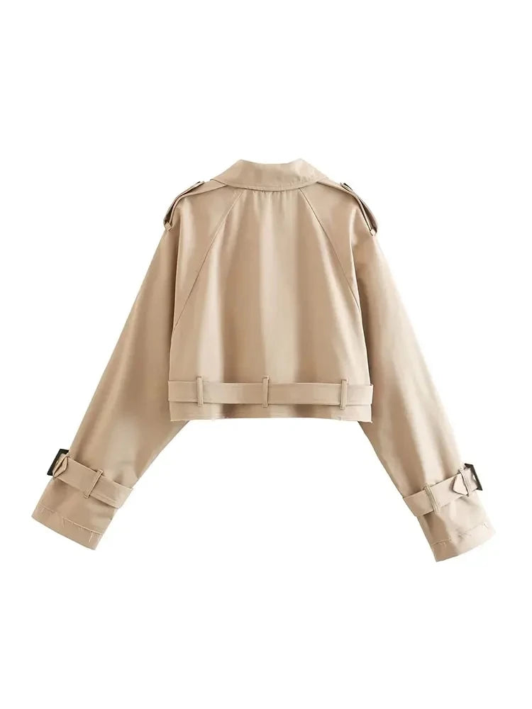 Belted cropped trench jacket women in beige with stylish buckle details and tailored fit