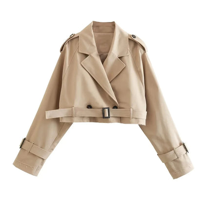 Belted cropped trench jacket women in beige featuring a stylish double-breasted design and adjustable sleeves