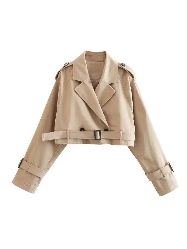 LuckeLadybug LLC belted cropped trench jacket women in beige with button details and stylish design