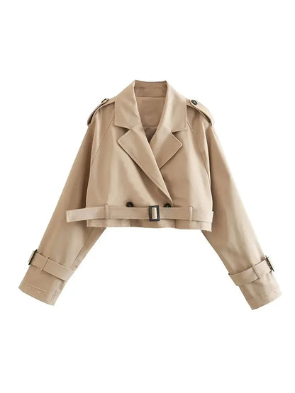 LuckeLadybug LLC belted cropped trench jacket women in beige with button details and stylish design