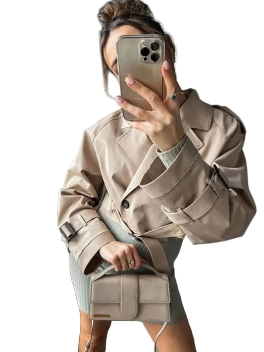Belted cropped trench jacket women in beige with stylish oversized fit and unique design