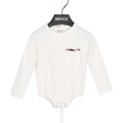 White Long Sleeve Baby Bodysuit with Pocket and Gray Sneakers for Stylish Plaid Romper Baby Clothes