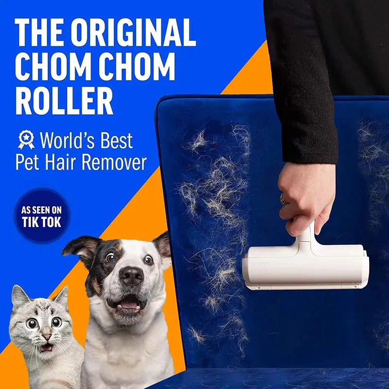 Chom Chom Roller on sofa removing pet hair, featured as one of the best pet hair vacuum cleaners
