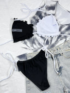 LuckeLadybug beugel bikini set in black and white with ruffle details and adjustable strings