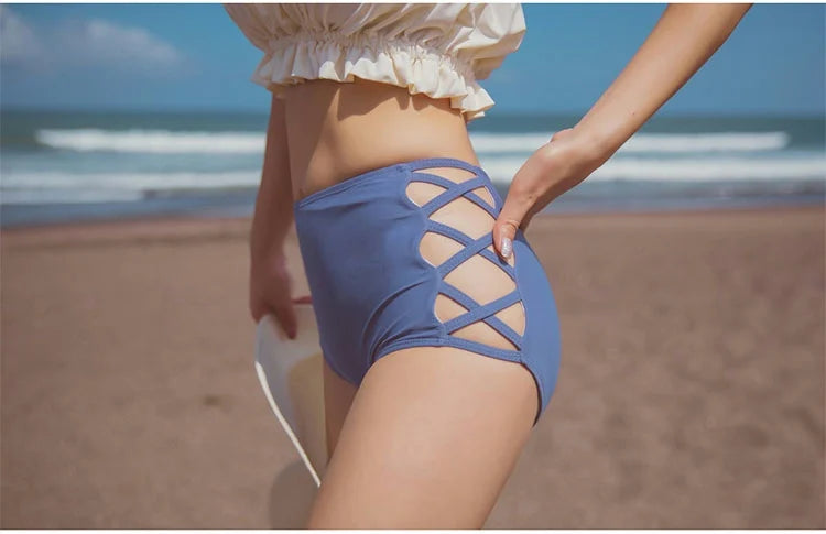 LuckeLadybug LLC Beugel bikini set featuring stylish high-waisted bottoms with crisscross detail